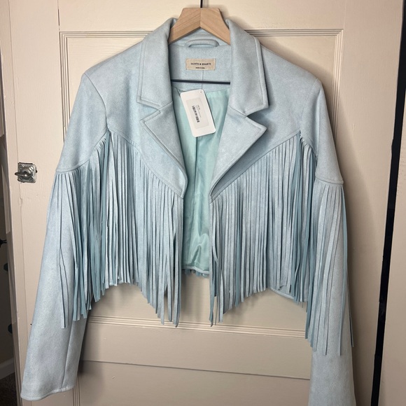 Saints & Hearts Jackets & Blazers - Light Blue faux Suede Fringe Cropped Western Jacket NWT